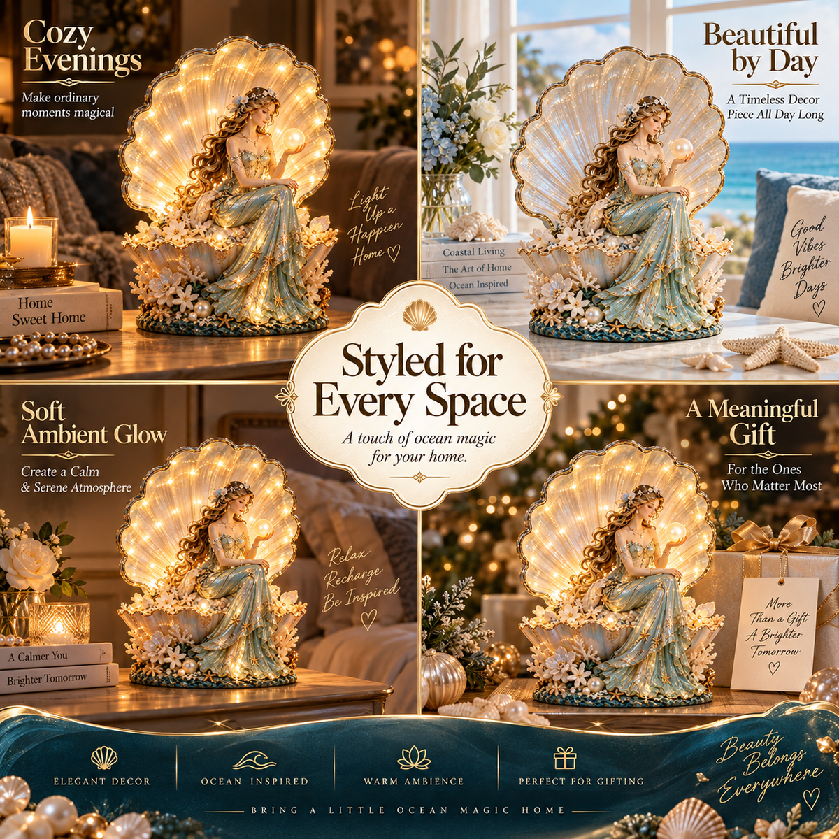Pearl Shell Lady Lamp styled in different home settings