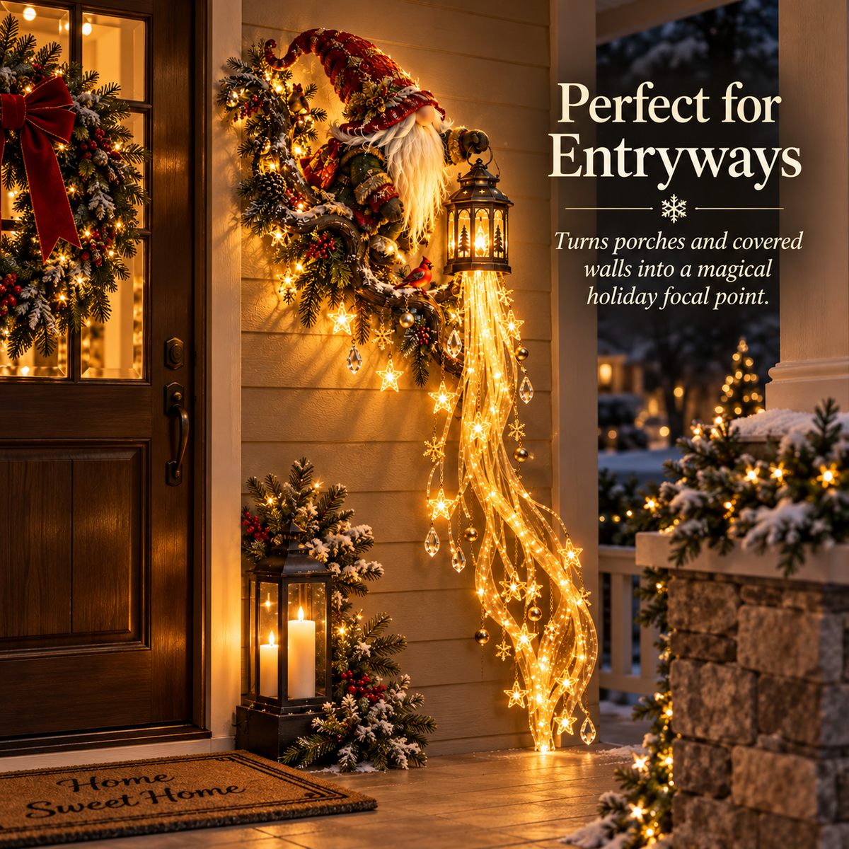 Gnome Lanternfall displayed beside a Christmas front door