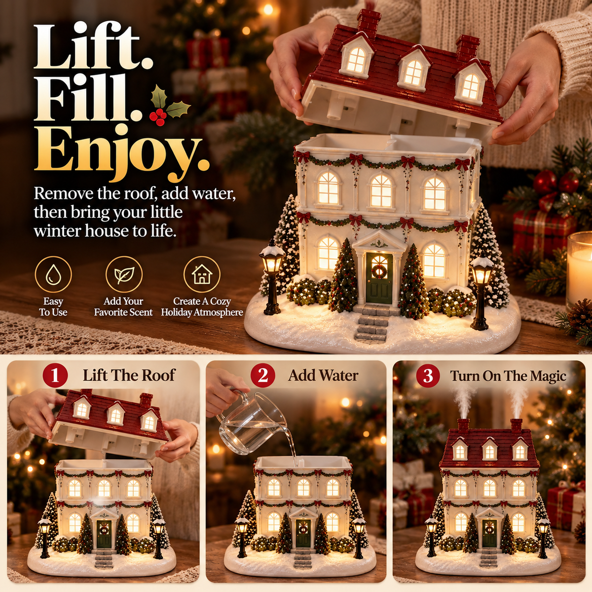 🎄 Christmas House Aroma Diffuser – Glowing Holiday Mist Cottage