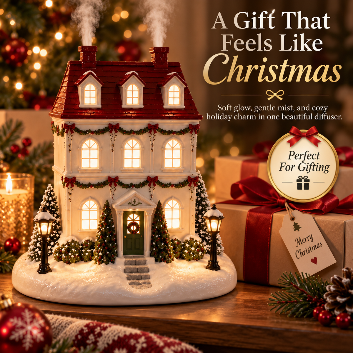 🎄 Christmas House Aroma Diffuser – Glowing Holiday Mist Cottage