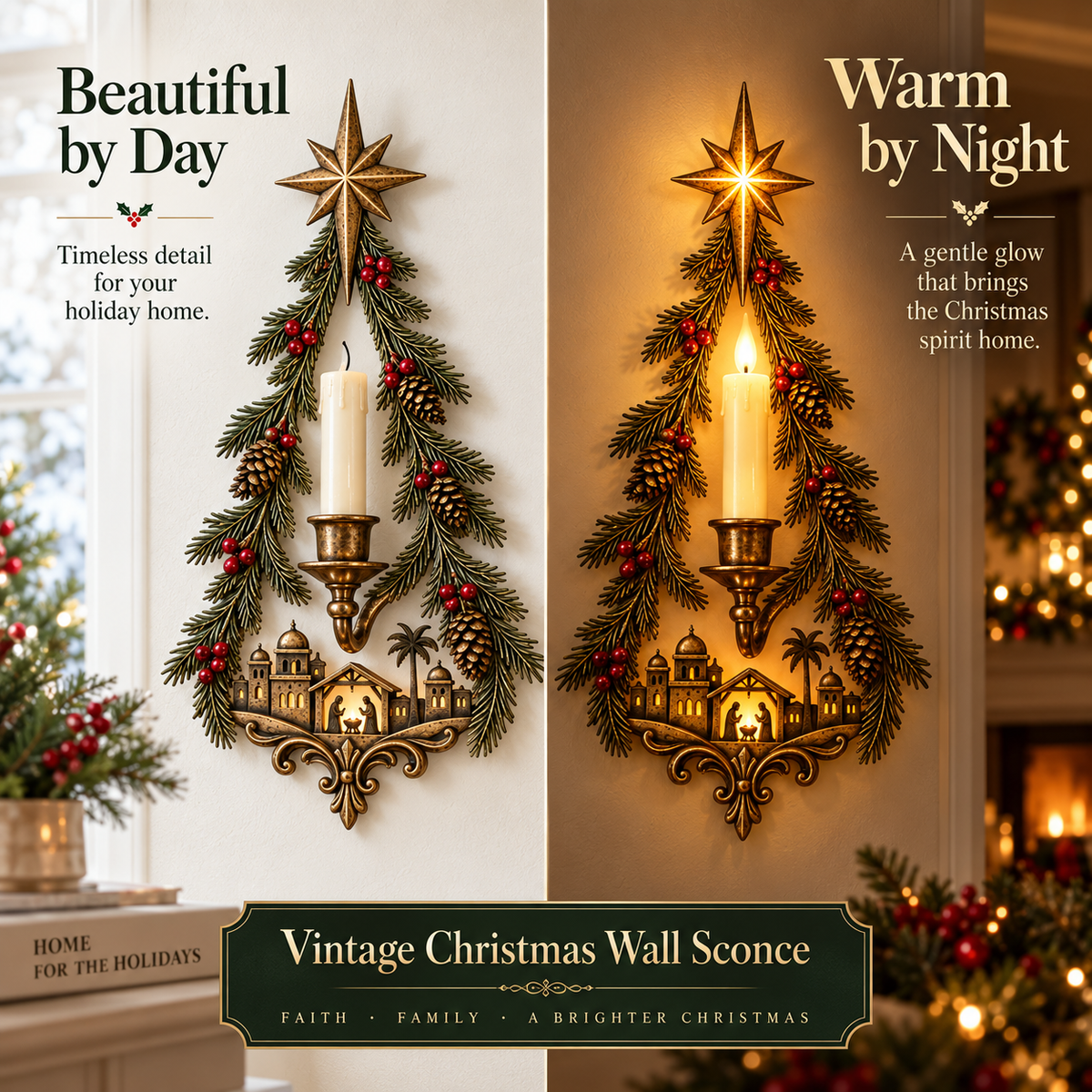 Bethlehem Star Nativity Candle Sconce day and night comparison