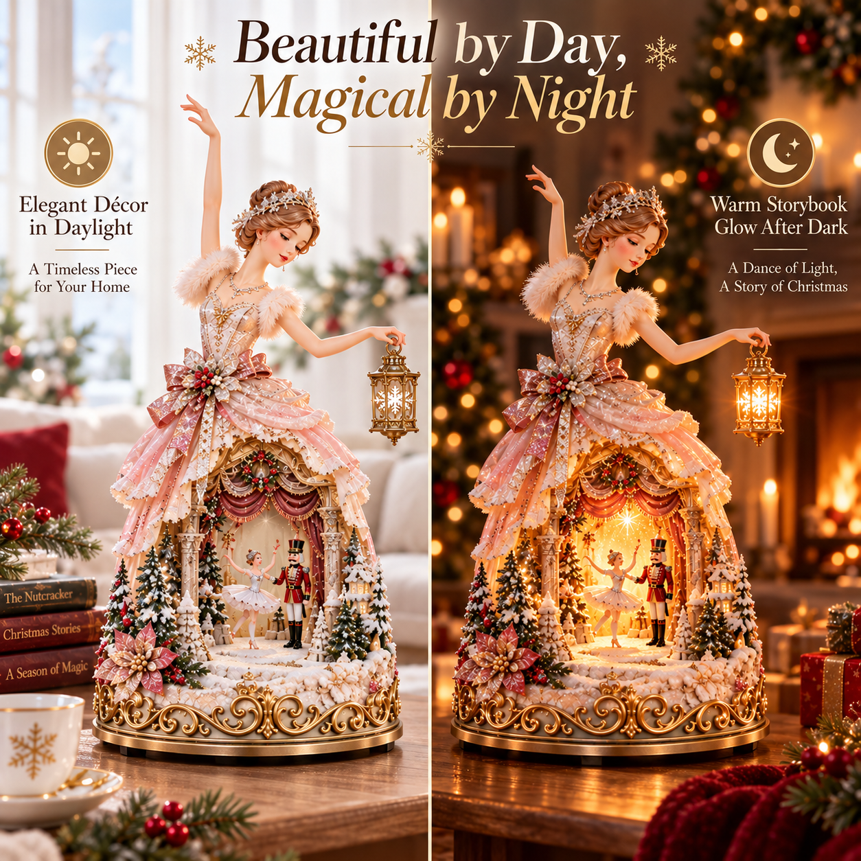 Winter Ballerina Story Lamp day and night comparison
