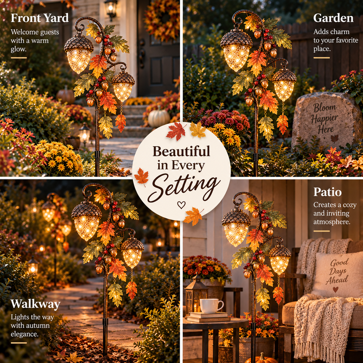 Autumn Acorn Glow in front yard garden walkway and patio