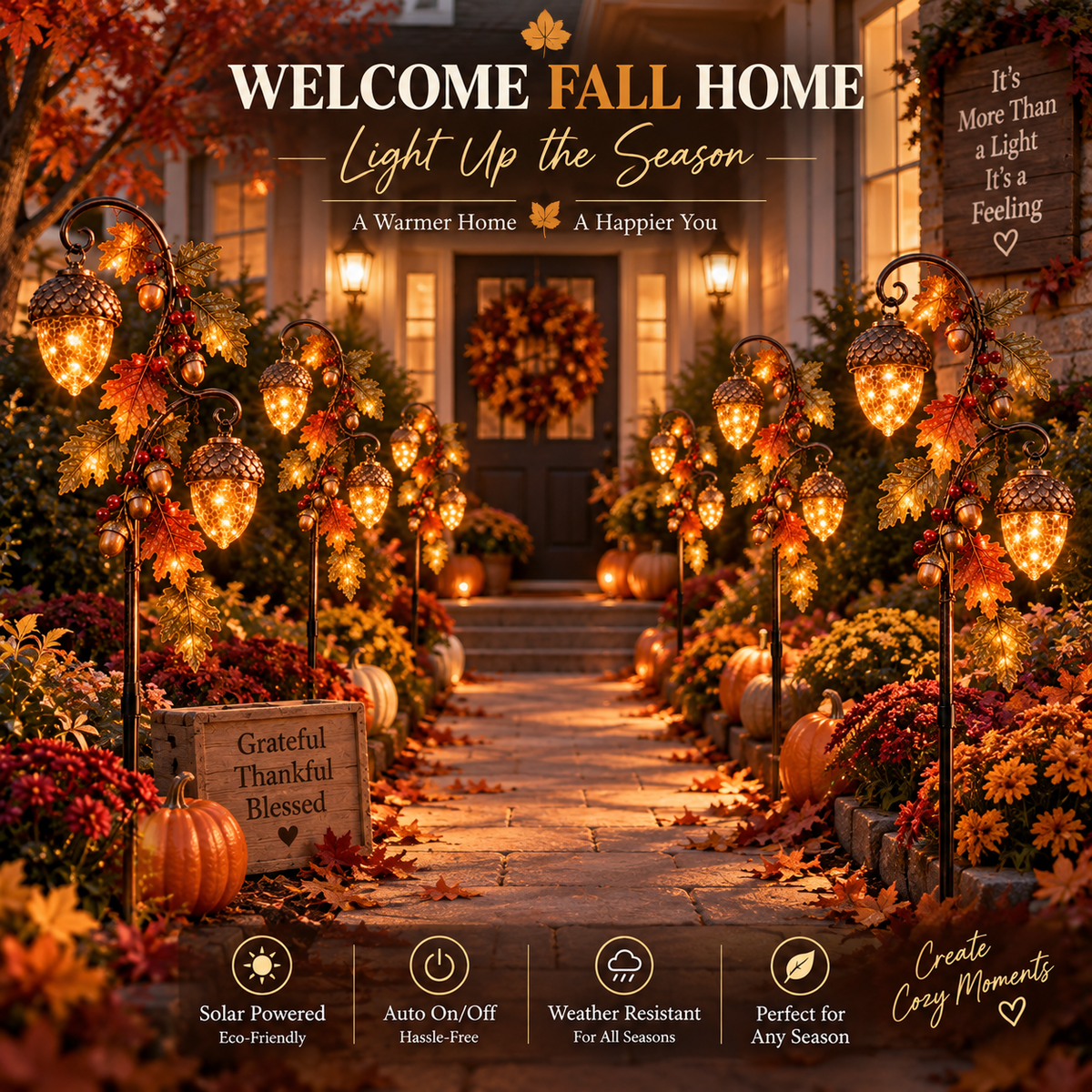 Autumn Acorn Glow garden stakes lining a front walkway