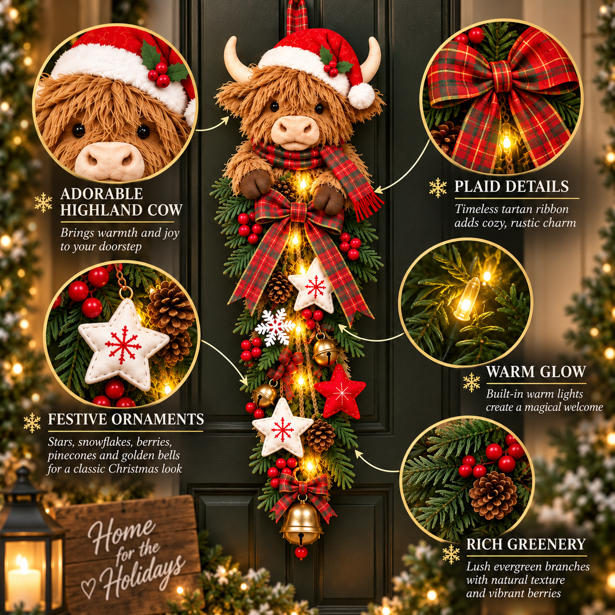🔥Last Day 49% OFF🔥 Lighted Highland Cow Christmas Door Swag – A Cozy Holiday Welcome