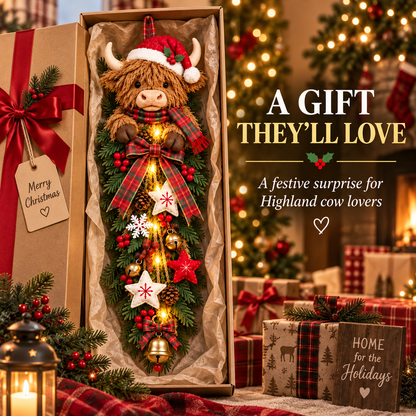 🔥Last Day 49% OFF🔥 Lighted Highland Cow Christmas Door Swag – A Cozy Holiday Welcome