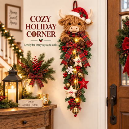 🔥Last Day 49% OFF🔥 Lighted Highland Cow Christmas Door Swag – A Cozy Holiday Welcome