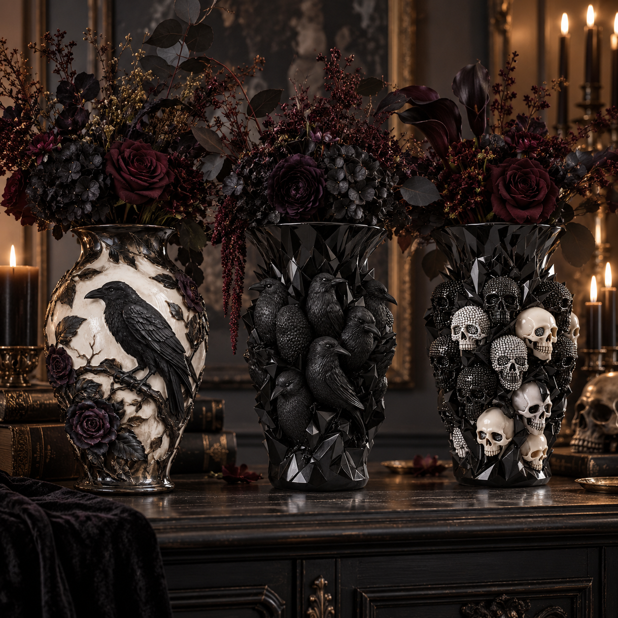 Three gothic vases with complementary dark floral arrangements