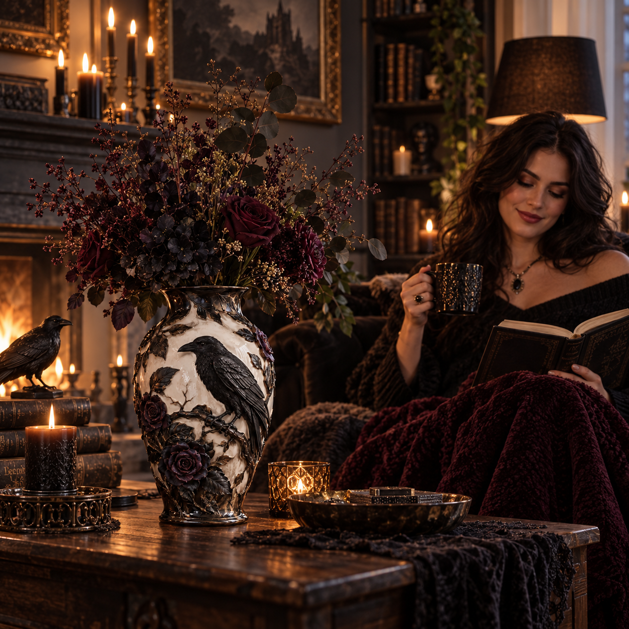 Raven and rose vase displayed in an elegant living room