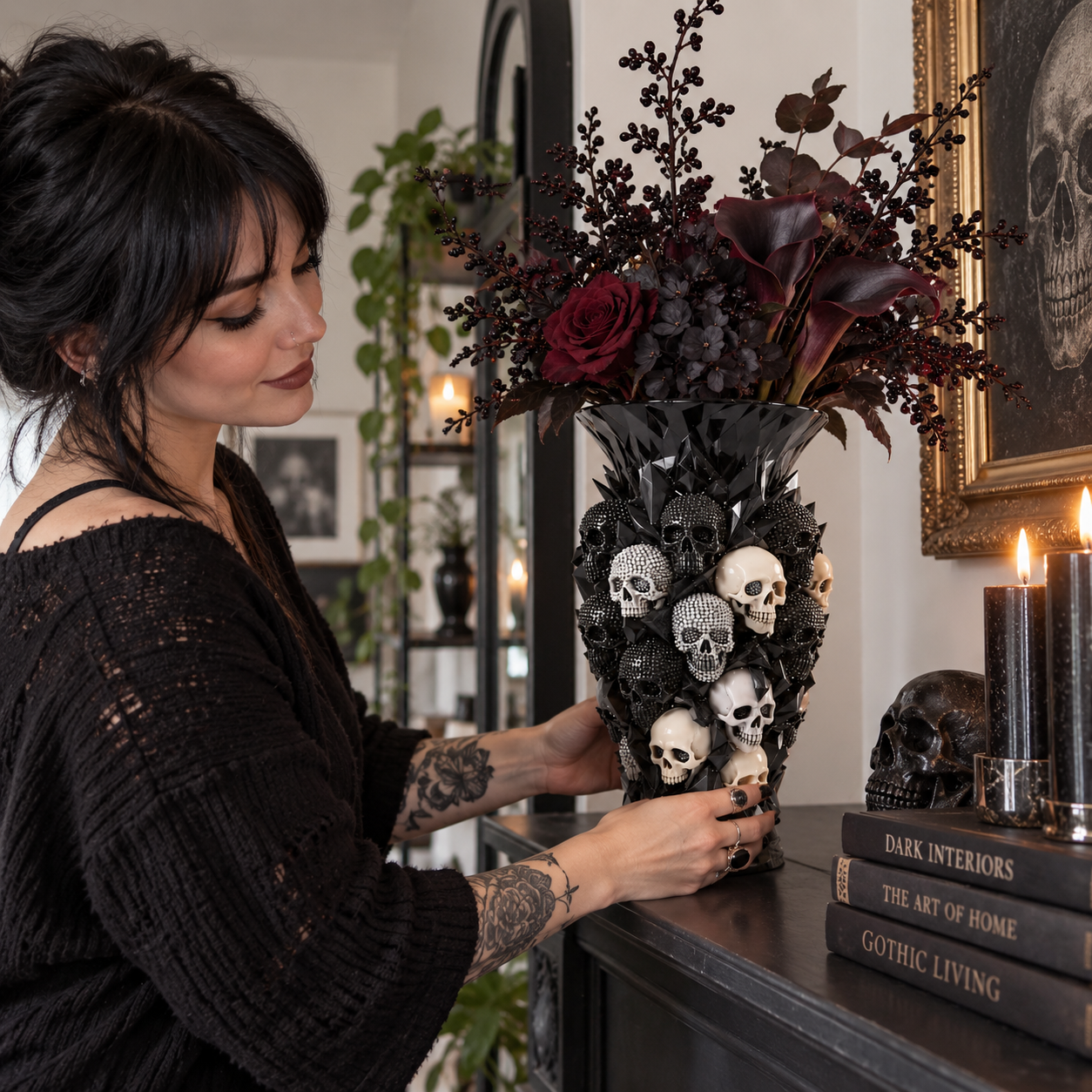 Crystal Skull vase styled with flowers on a home console