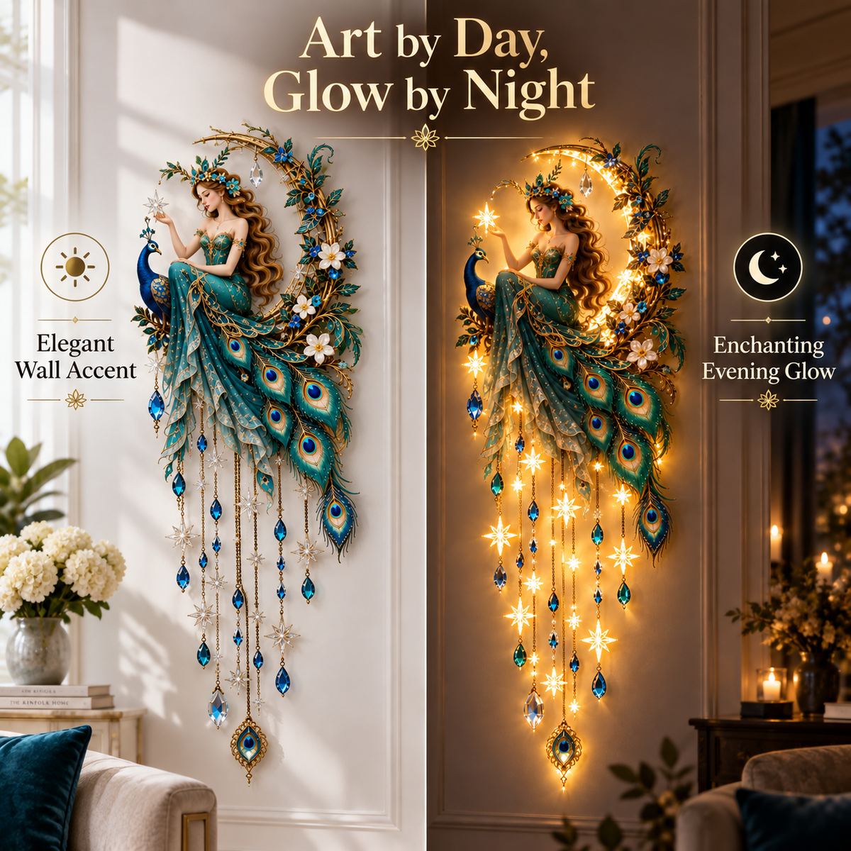 Peacock Fairy Starfall Wall Light day and night comparison
