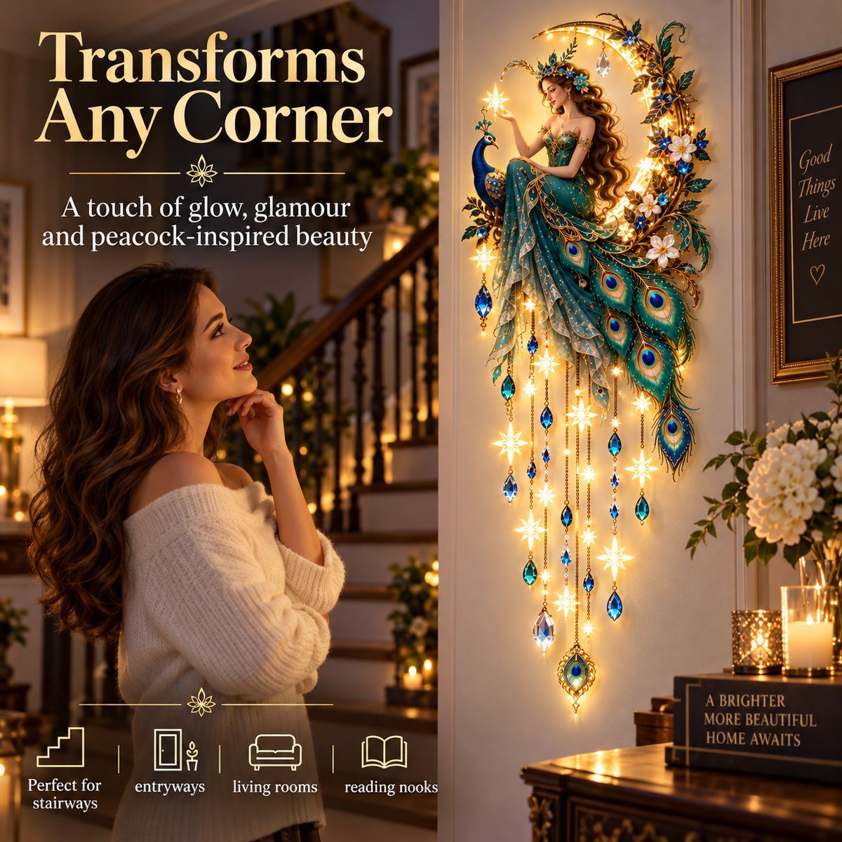 Woman admiring Peacock Fairy Starfall Wall Light