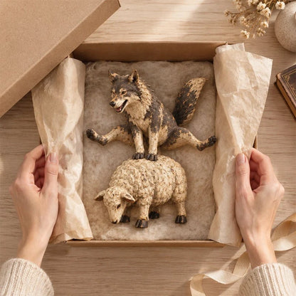 🐺Lustige Figur: Wolf reitet auf einem Schaf🐑 | Rustikale Tierstatue im Landhausstil