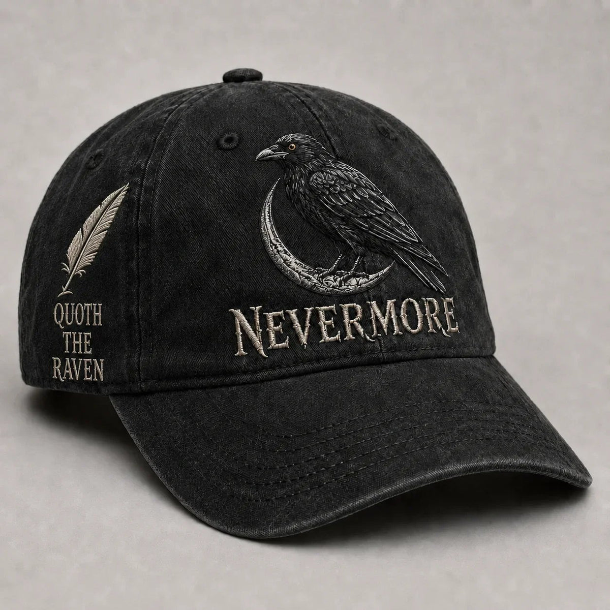 🐦 NEVERMORE Raven Gothic Cap – Premium Embroidered Literary Cap | Full Embroidery • Adjustable Fit • Vintage Black Style 🌙