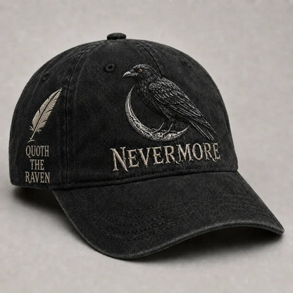 🐦 NEVERMORE Raven Gothic Cap – Premium Embroidered Literary Cap | Full Embroidery • Adjustable Fit • Vintage Black Style 🌙