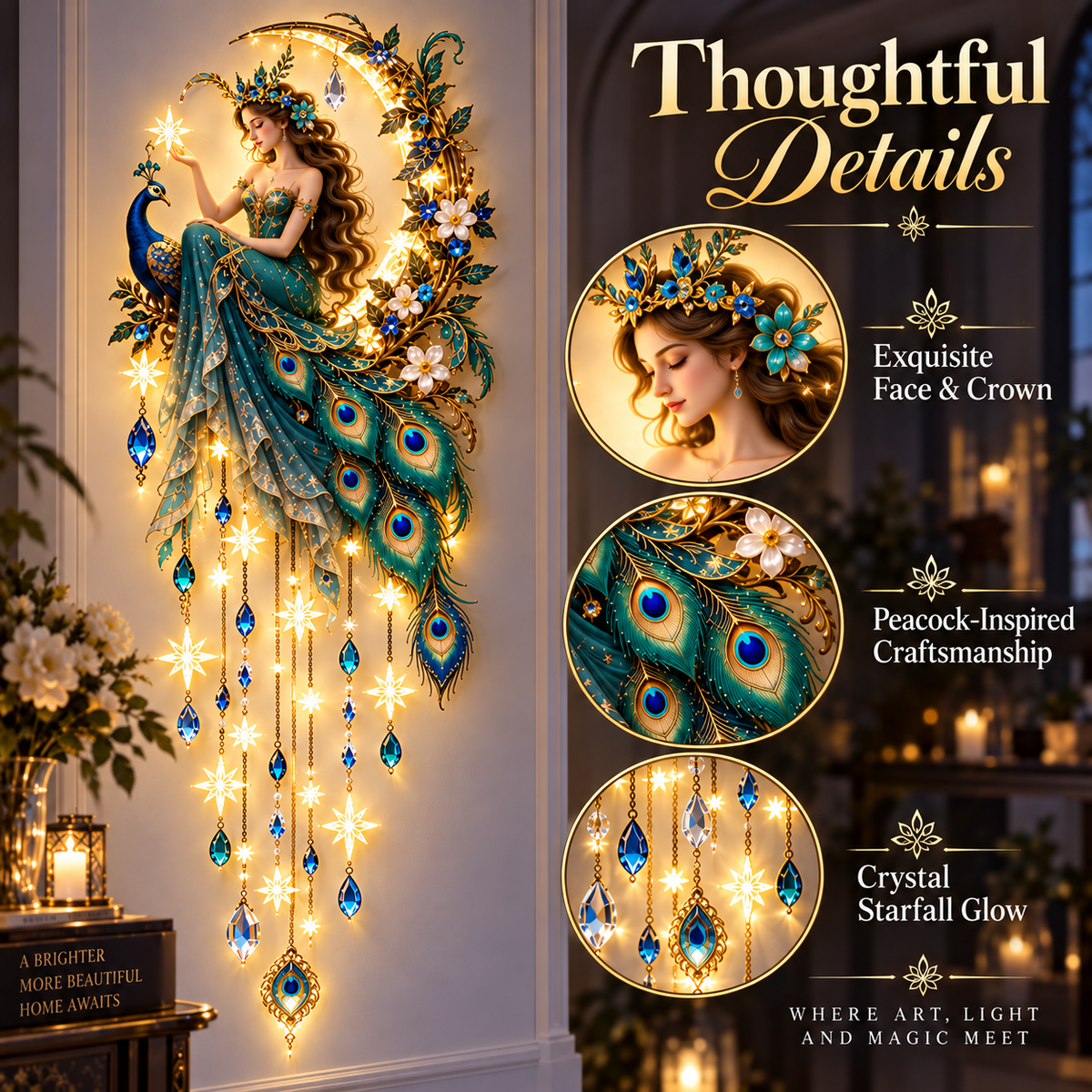 Peacock Fairy Starfall Wall Light thoughtful detail view