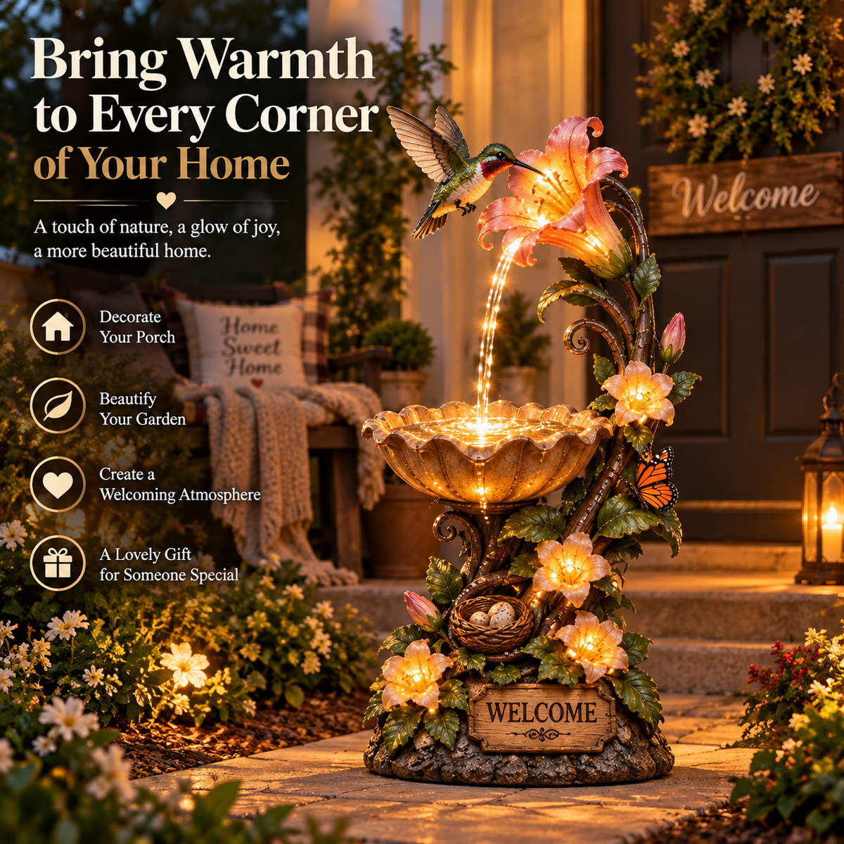 ✨ Last Day 49% OFF🐦✨ Hummingbird Nectar Fountain™ – Lighted Garden & Porch Decor