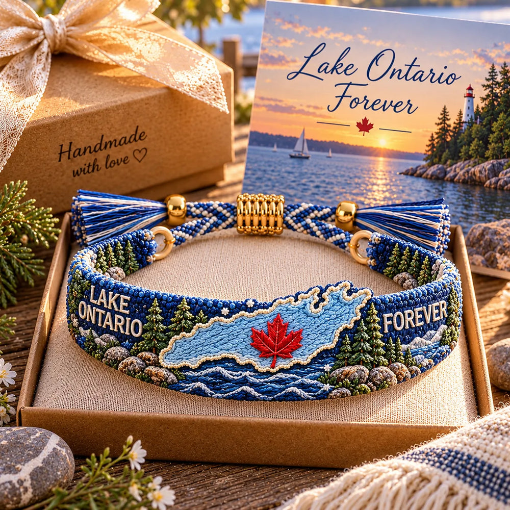 Lake Ontario Forever bracelet with scenic lake landscape and maple leaf