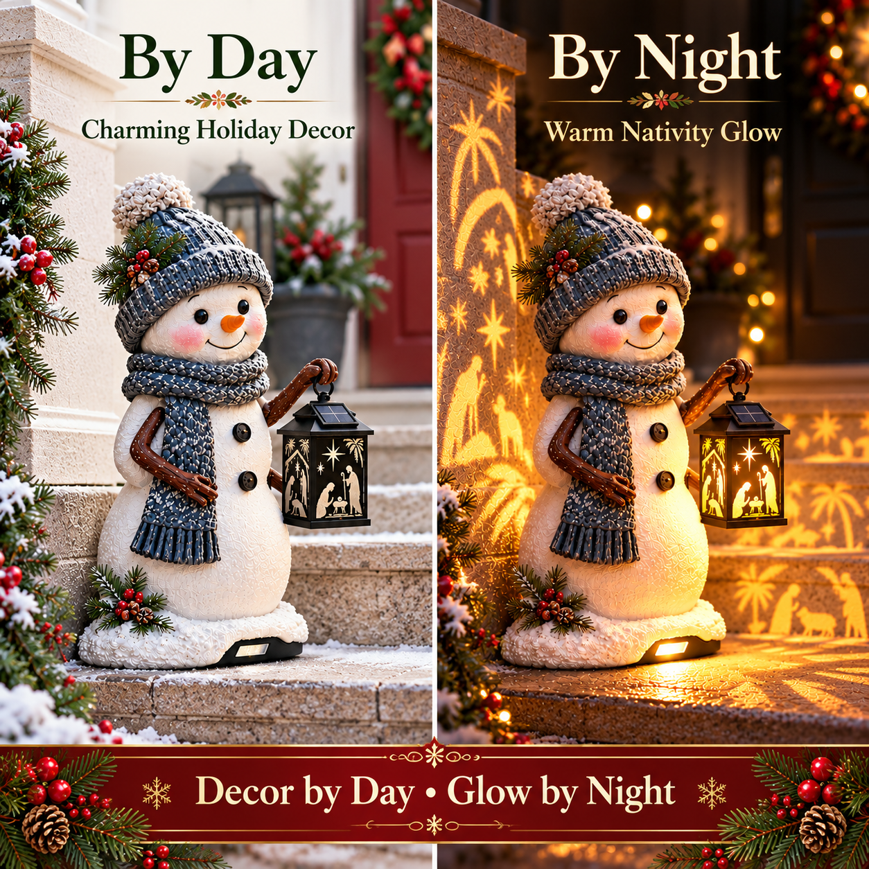Snowman Christmas light day and night
