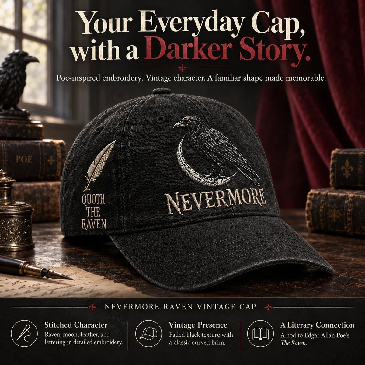 🐦 NEVERMORE Raven Gothic Cap – Premium Embroidered Literary Cap | Full Embroidery • Adjustable Fit • Vintage Black Style 🌙