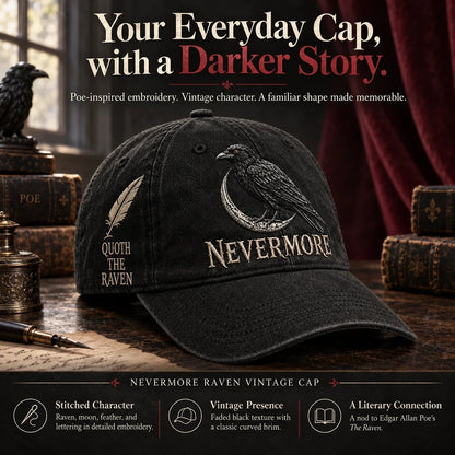 🐦 NEVERMORE Raven Gothic Cap – Premium Embroidered Literary Cap | Full Embroidery • Adjustable Fit • Vintage Black Style 🌙