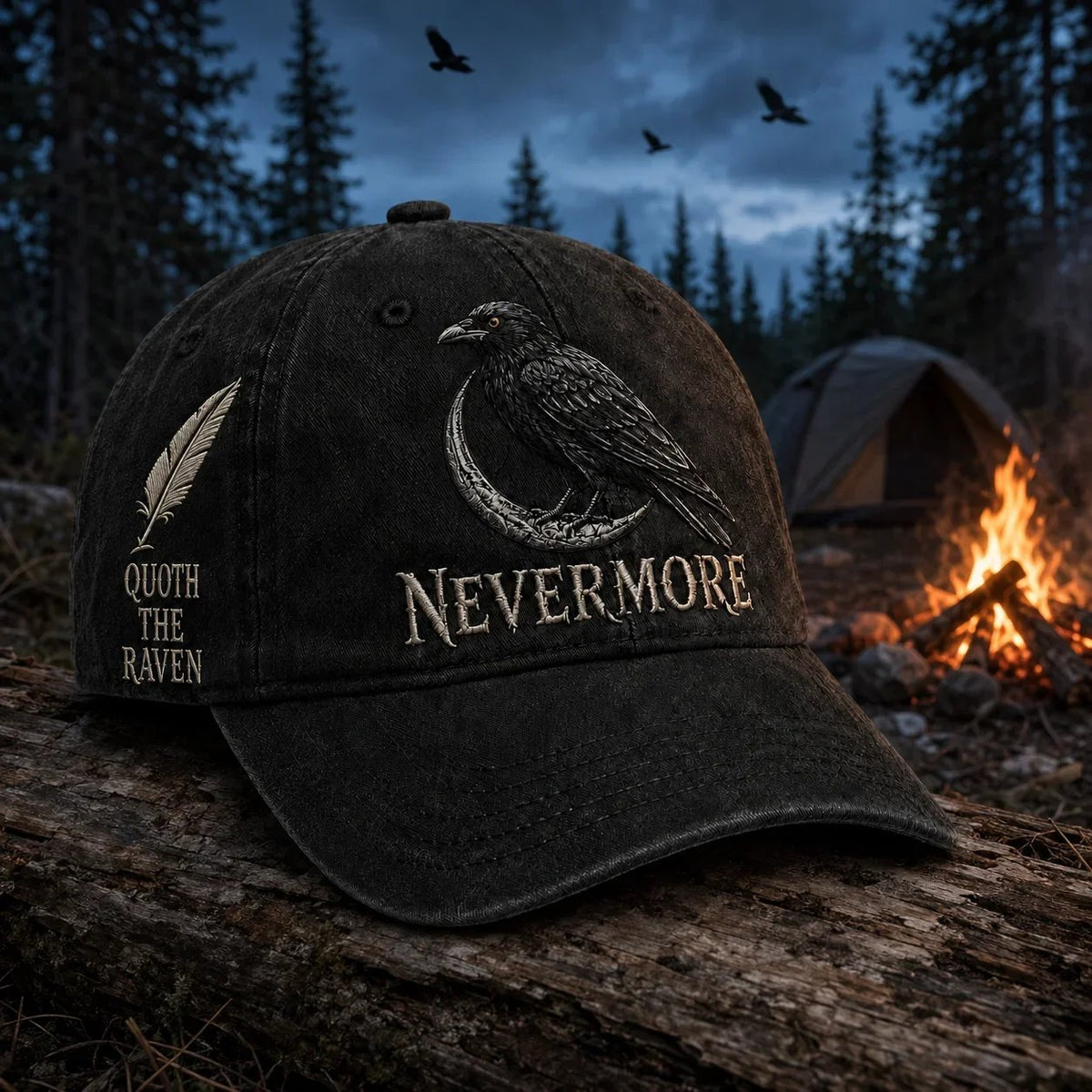 🐦 NEVERMORE Raven Gothic Cap – Premium Embroidered Literary Cap | Full Embroidery • Adjustable Fit • Vintage Black Style 🌙