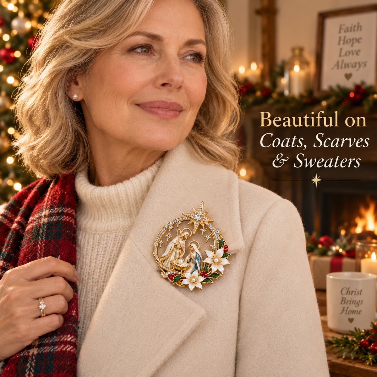 Woman wearing Bethlehem Star Blessing Brooch on coat