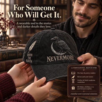 🐦 NEVERMORE Raven Gothic Cap – Premium Embroidered Literary Cap | Full Embroidery • Adjustable Fit • Vintage Black Style 🌙