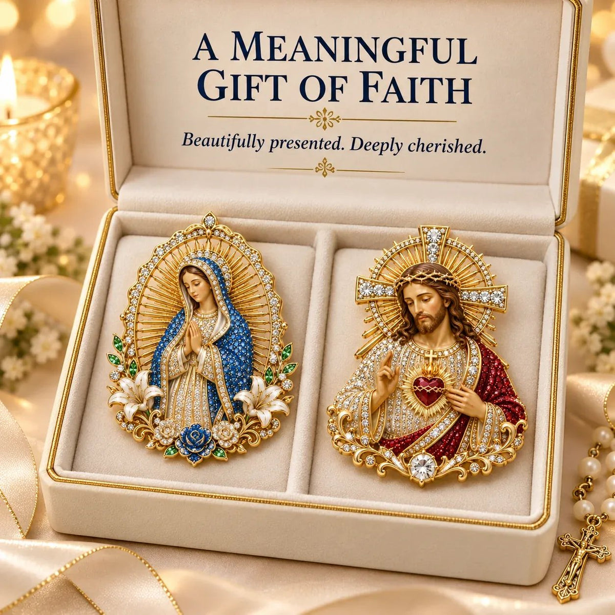 🔥LAST DAY 50% OFF - ✝️ 3D Jesus & Mary Sacred Devotion Pin | Gold-Tone Crystal Christian Brooch ❤️