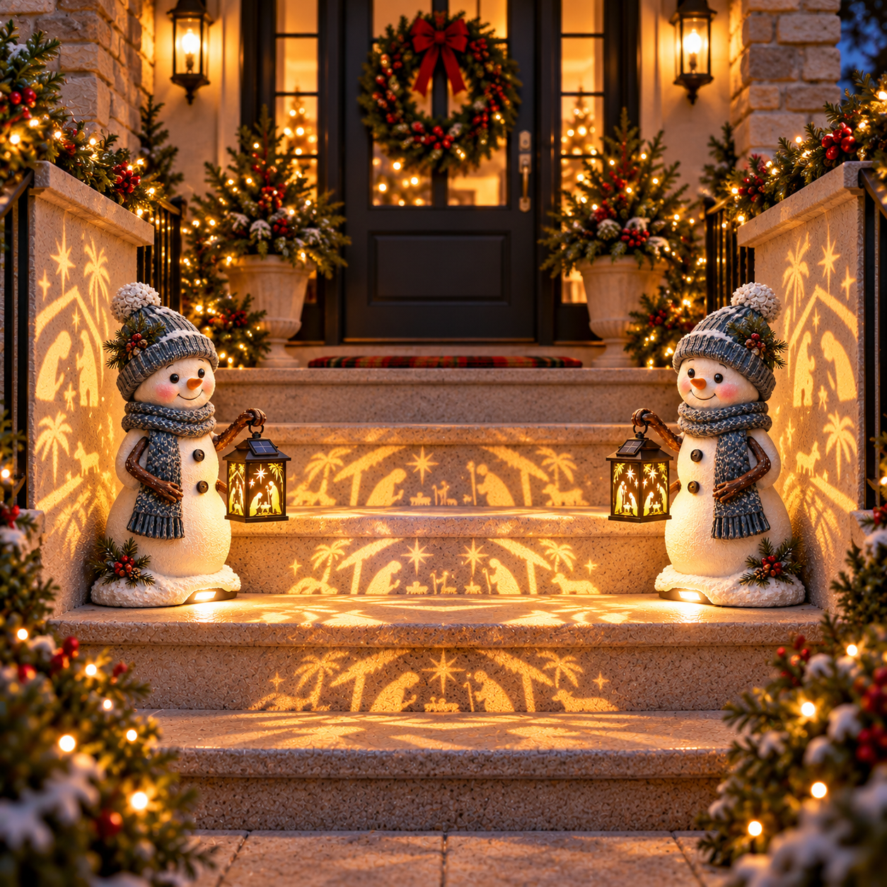 Two snowman Christmas lanterns on steps