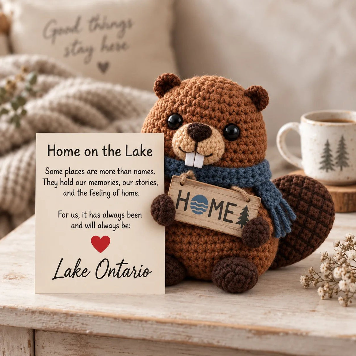 Home on the Lake beaver with blue scarf and sentimental card